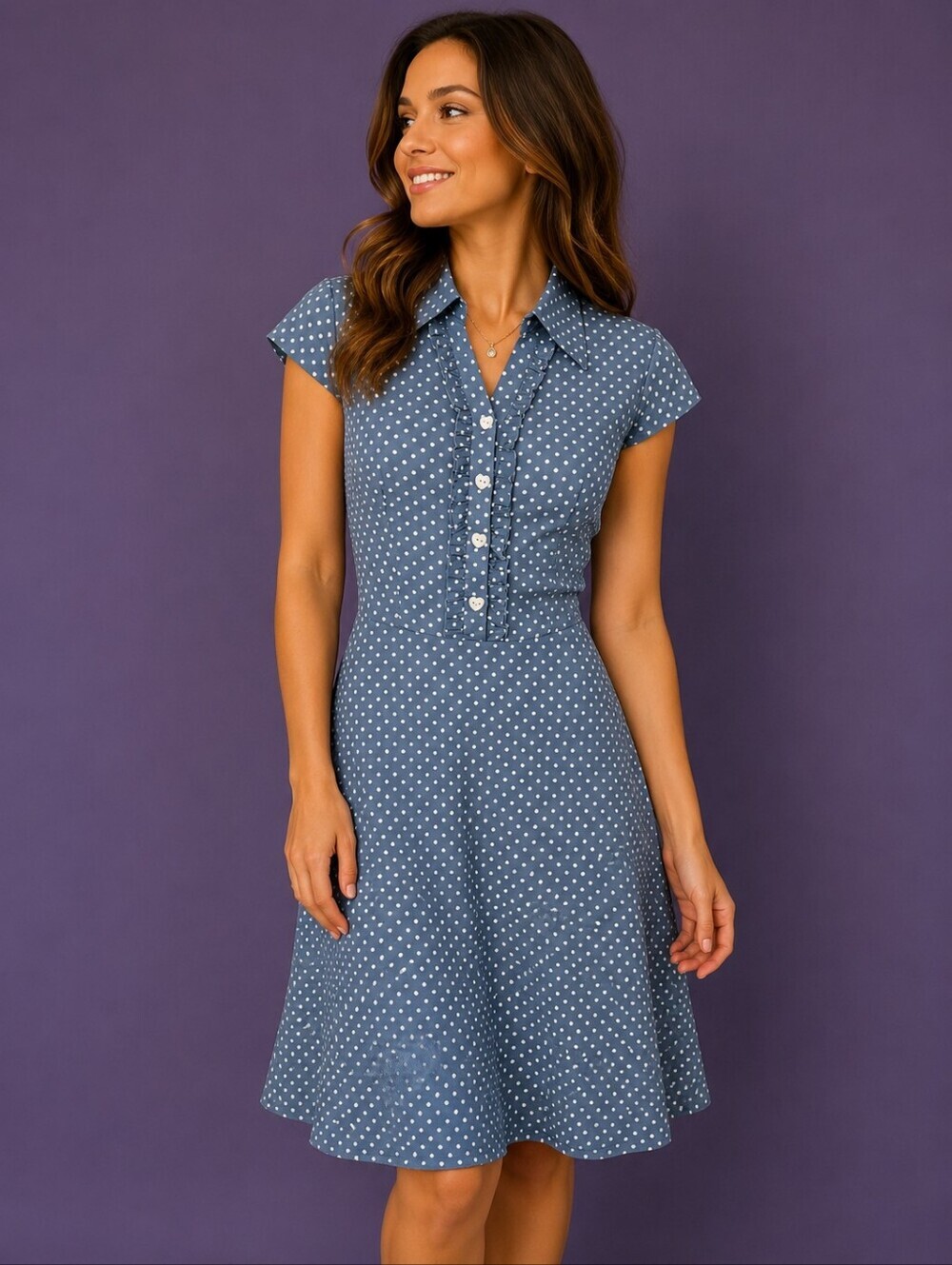 WEDTREND Retro Pin-up Blue & White Polka Dot Collared Ruffle Fit-and-Flare Dress